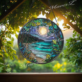 Moonlit Beach Glass Suncatcher: Coastal Night Landscape Window Art