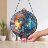 Blue Dragon Stained Glass Suncatcher, Round Fantasy Window Panel with Book and Sunset, Mythical Creature Glass Art Home Decor