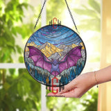Purple Bat Stained Glass Suncatcher, Round Mountain Night Sky Window Panel, Gothic Wildlife Glass Art for Halloween and Nature Decor