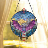 Purple Bat Stained Glass Suncatcher, Round Mountain Night Sky Window Panel, Gothic Wildlife Glass Art for Halloween and Nature Decor