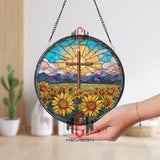 Christian Cross and Sunflowers Stained Glass Suncatcher, Round Sunrise Mountain Window Panel, Faith and Nature Glass Art Home Decor
