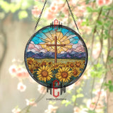 Christian Cross and Sunflowers Stained Glass Suncatcher, Round Sunrise Mountain Window Panel, Faith and Nature Glass Art Home Decor