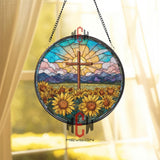Christian Cross and Sunflowers Stained Glass Suncatcher, Round Sunrise Mountain Window Panel, Faith and Nature Glass Art Home Decor