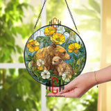 Bear and Cub Stained Glass Suncatcher, Round Floral Window Panel with Yellow and White Wildflowers, Wildlife Nature Glass Art Decor