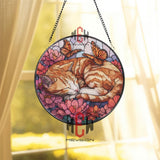 Sleeping Orange Cat Stained Glass Suncatcher, Round Floral Window Panel with Butterflies, Cute Pet Lover Glass Art Home Decor