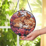 Sleeping Orange Cat Stained Glass Suncatcher, Round Floral Window Panel with Butterflies, Cute Pet Lover Glass Art Home Decor