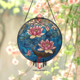 Lotus Flowers and Lily Pads Stained Glass Suncatcher, Round Blue Water Window Panel, Nature Zen Glass Art Decor for Tranquil Home Spaces