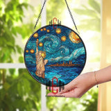 Statue of Liberty Starry Night Stained Glass Suncatcher, Round NYC Skyline Window Panel, Travel Cityscape Glass Art Decor for Home Lovers