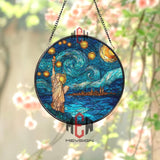 Statue of Liberty Starry Night Stained Glass Suncatcher, Round NYC Skyline Window Panel, Travel Cityscape Glass Art Decor for Home Lovers