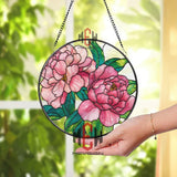 Pink Peonies Stained Glass Suncatcher, Round Floral Window Panel with Green Leaves, Garden Nature Glass Art Decor for Flower Lovers