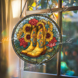 Cowgirl Boots Suncatcher: Sunflower Stained Glass Window Decor