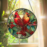 Cardinal Suncatcher: Red Birds on Branch, Faux Stained Glass Window Decor