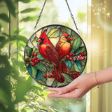 Cardinal Suncatcher: Red Birds on Branch, Faux Stained Glass Window Decor