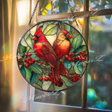Cardinal Suncatcher: Red Birds on Branch, Faux Stained Glass Window Decor