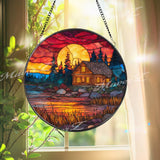Cabin at Sunset Stained Glass Suncatcher: Lakeside Log Home Decor
