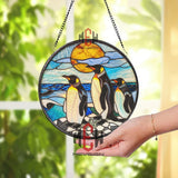 Penguin Family Stained Glass Suncatcher, Oval Ocean Wildlife Window Panel, Antarctic Animal Decor for Nature & Bird Lovers