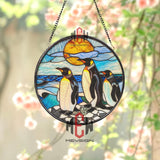 Penguin Family Stained Glass Suncatcher, Oval Ocean Wildlife Window Panel, Antarctic Animal Decor for Nature & Bird Lovers