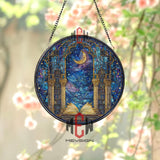 Celestial Library Stained Glass Suncatcher, Starry Book Window Panel, Fantasy Galaxy Decor for Book Lovers, Moon and Stars Reading Gift