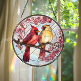 Cardinal Couple Stained Glass Suncatcher: Cherry Blossom Window Decor