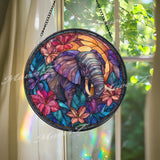 Elephant Floral Glass Suncatcher: Tropical Jungle Window Decor