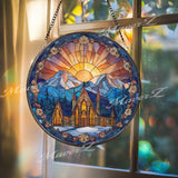 Winter Church Suncatcher: Snowy Mountain Sunset, Religious Glass Decor