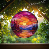 Sunset Mountain Lake Glass Suncatcher: Vibrant Landscape Window Art