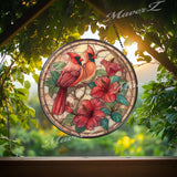 Cardinal Couple Stained Glass Suncatcher: Tropical Hibiscus Window Decor