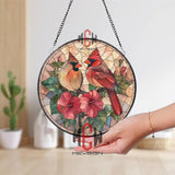 Cardinal Couple with Hibiscus Stained Glass Suncatcher, Red Bird Floral Window Panel, Romantic Garden Nature Decor for Bird Lovers