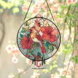 Cardinal Couple with Hibiscus Stained Glass Suncatcher, Red Bird Floral Window Panel, Romantic Garden Nature Decor for Bird Lovers