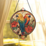 Macaw Parrot Stained Glass Suncatcher, Tropical Birds and Hibiscus Window Panel, Vibrant Jungle Decor for Exotic Home Style