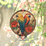 Macaw Parrot Stained Glass Suncatcher, Tropical Birds and Hibiscus Window Panel, Vibrant Jungle Decor for Exotic Home Style