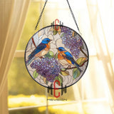 Bluebird and Lilac Stained Glass Suncatcher, Colorful Bird Window Panel, Spring Floral Round Acrylic Decor for Nature Lovers