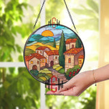 Tuscan Village Stained Glass Suncatcher, Vibrant Italian Countryside Round Window Panel, Colorful Sunlit Landscape Decor for Travel Lovers