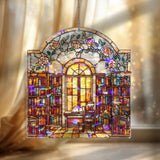 Library Faux Stained Glass Suncatcher Panel, Arched Window Book Nook with Roses, Cozy Reading Room Decor for Writers & Book Lovers