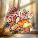 Sleeping Bunny and Roses Faux Stained Glass Suncatcher, Floral Rabbit Window Panel, Cottagecore Spring Nature Decor for Cozy Home Lovers