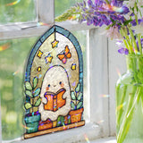 Ghost Reading Acrylic Wavy Suncatcher Ornament, Cute Spirit with Blue Butterflies, Arched Faux Stained Glass Window Decor for Book Lovers