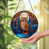 Moonlit Owl Suncatcher: Stained Glass Window Panel, Woodland Decor