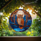 Moonlit Owl Suncatcher: Stained Glass Window Panel, Woodland Decor