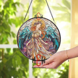 Stained Glass Angel Suncatcher Round Panel, Colorful Guardian Angel Window Hanging, Spiritual Home Decor, Inspirational Gift for Loved Ones