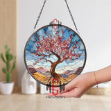 Cherry Blossom Tree Stained Glass Suncatcher, Round Spring Window Panel, Pink Flower Glass Art Decor for Nature and Garden Lovers