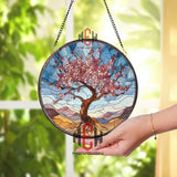 Cherry Blossom Tree Stained Glass Suncatcher, Round Spring Window Panel, Pink Flower Glass Art Decor for Nature and Garden Lovers