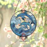 Dolphin Stained Glass Suncatcher, Round Ocean Wave Window Panel, Blue Marine Life Glass Art Decor for Sea and Beach Lovers