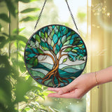 Tree of Life Stained Glass Suncatcher: Green & Blue Window Decor