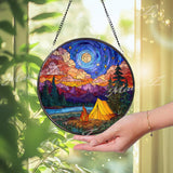 Mountain Camping Stained Glass Suncatcher: Starry Night Tent & Campfire