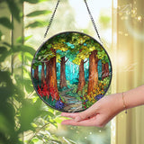 Forest Path Stained Glass Suncatcher: Woodland Nature Scene Window Decor