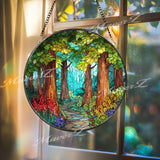 Forest Path Stained Glass Suncatcher: Woodland Nature Scene Window Decor