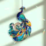 Peacock Acrylic Wavy Suncatcher Ornament, Elegant Blue & Green Feathered Faux Stained Glass Window Panel, Colorful Bird Home Decor Gift