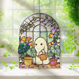 Cute Ghost Gardener Acrylic Wavy Suncatcher Ornament, Whimsical Plant Faux Stained Glass Window Decor, Kawaii Spooky Gift for Garden Lovers
