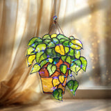 Hanging Plant Acrylic Wavy Suncatcher Ornament, Green Vines in Terracotta Pot, Botanical Faux Stained Glass Window Decor for Plant Lovers