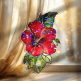 Red Hibiscus Acrylic Wavy Suncatcher Ornament, Tropical Floral Faux Stained Glass Window Hanging, Exotic Garden Decor for Nature Lovers